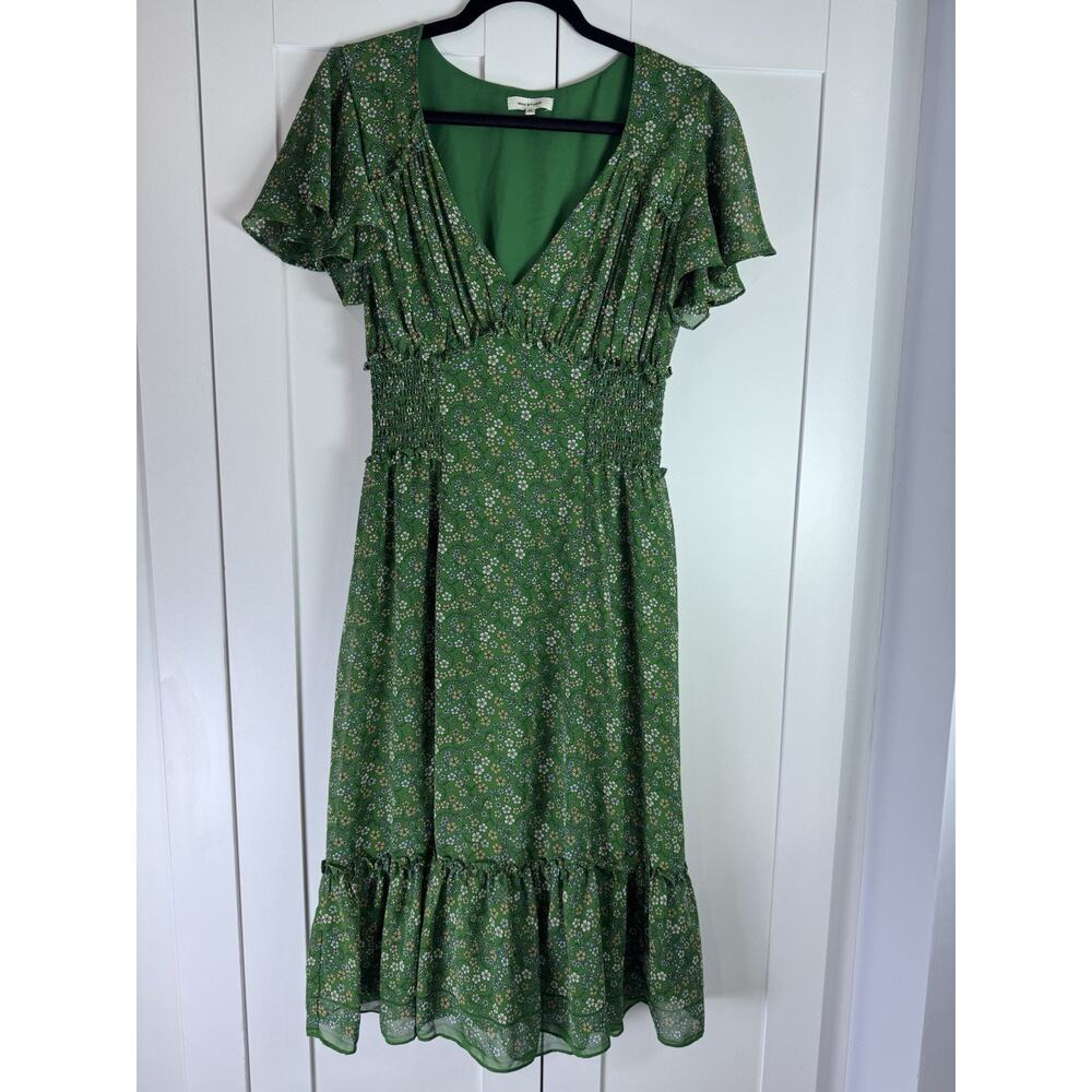 Max Studio Green Floral Midi Dress Smocked Waist Boho Cottagecore Womens M